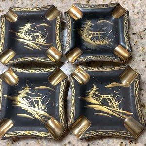 Japanese Kutani Ashtrays Brown & Gold Kutani Yamasaki